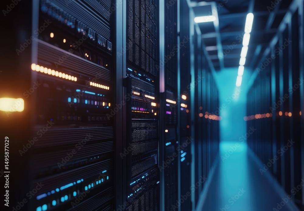 Aufkleber close-up perspective of data center servers glowing with blue and amber lights in a futuristic corri