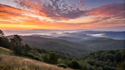 Panoramic mountain sunset landscape with beautiful sky and clouds