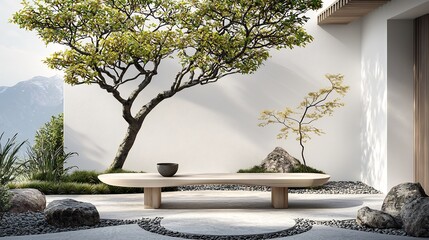 Tranquil modern garden space with a minimalist design. Sunlight streams through the trees, highlighting the smooth, light-colored surfaces