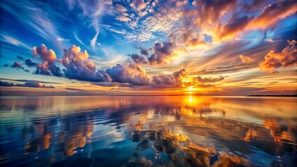 Golden sun descends over serene lake water, painting the sky with dramatic orange and blue light