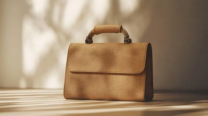 Simple solid light brown satchel bag mockup with subtle texture and soft lighting, HD camera shot