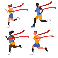 The winner is a runner in a competition with prosthetic legs. A set of different people. The winner reached the finish line first and crossed the red ribbon. The drawing is made in a flat style.