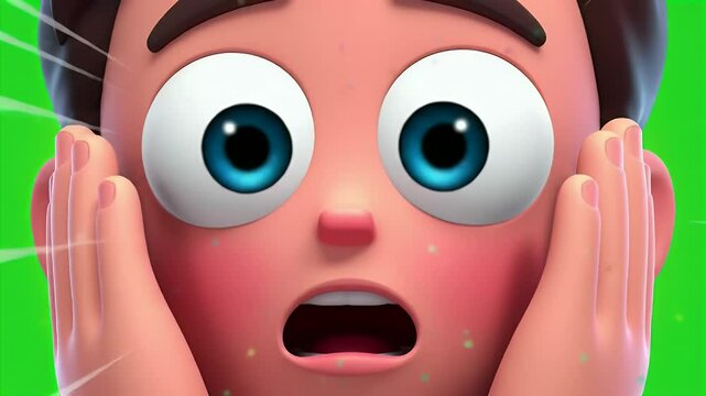 Cartoon Boy Shocked: Exaggerated Expression on Green Screen
