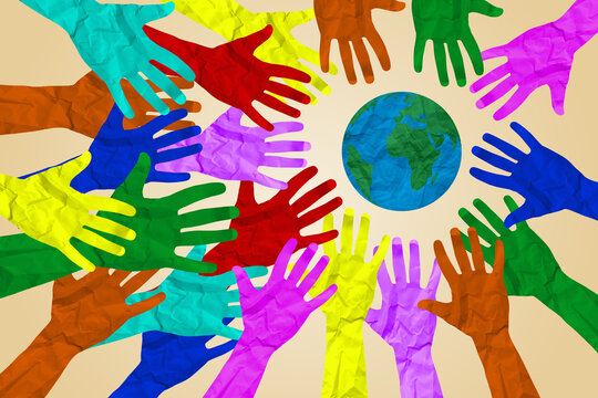 International diversity or earth day and international world culture as a concept of diversity and crowd cooperation symbol as diverse hands holding together the planet earth.