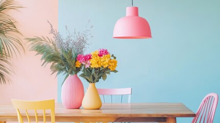 Dining space with wooden table, colorful chairs pink, blue, wood, vibrant floral vase, pink pendant lamp, pastel walls