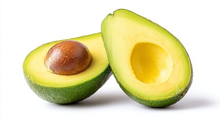 Closeup of two avocado halves revealing fresh green flesh and a single pit. ideal for healthy meals snacks.