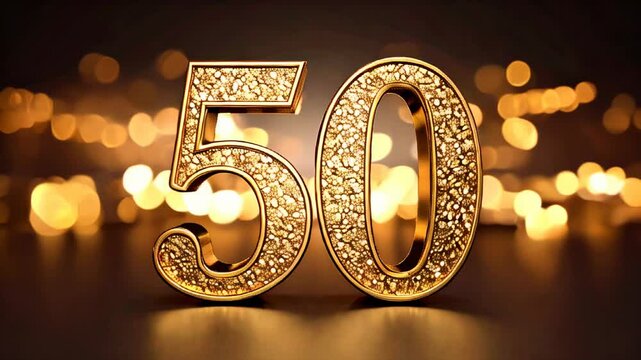 Golden 50th birthday sign with lights in the background
