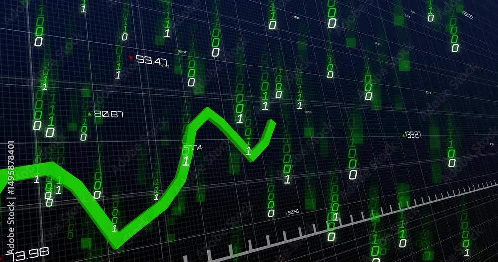 Poster binary digits cascading on grid starting line graph extending dipping rising peaking to show data
