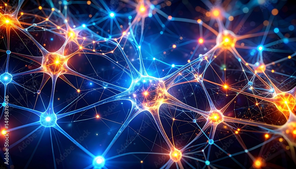 Poster abstract glowing neural network visualization multicolor organic network structure