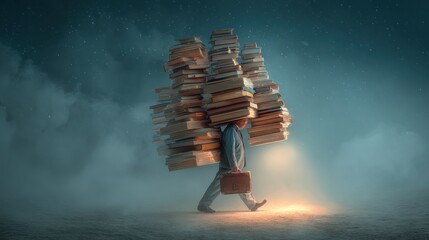 Overwhelmed by knowledge, a person carries a massive load of books at night