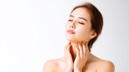 Naklejka premium Woman's gentle touch, exploring wellness, healthcare, and beauty through neck skin care