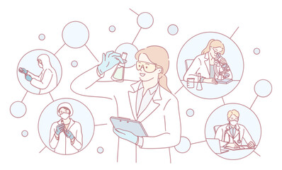 An engaging illustration of scientists conducting research and experiments in a modern lab environment