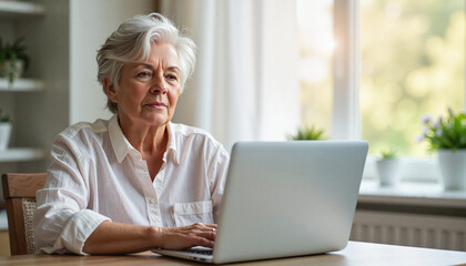 Fototapeta premium Elderly woman using laptop while sitting at table in bright room 