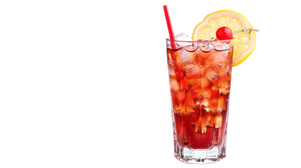 Refreshing cocktail with ice, cherry, and lemon slice in a vibrant setting