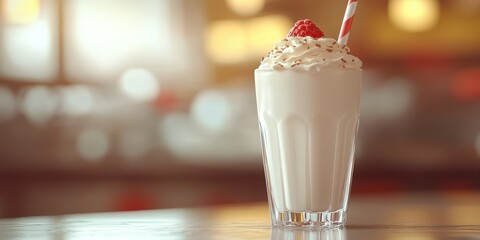 Creamy milkshake topped with whipped cream and raspberry served in a glass at a diner