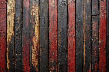 weathered wood, with vertical panels in shades of red, black and natural wood color, showcasing the raw beauty of the material. This image celebrates the textures and patterns.