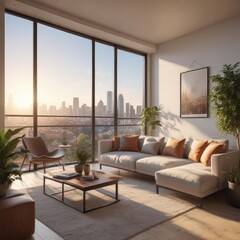 Sun-drenched modern living room, city view balcony,  city view,  glass