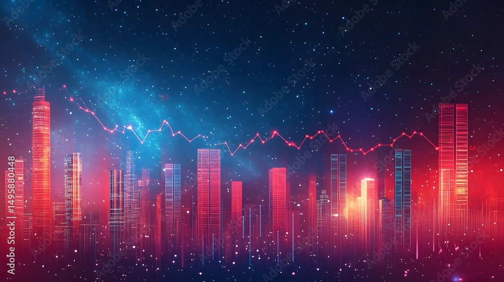 Poster cityscape silhouette with red and blue color scheme and a data graph overlayed on top of the buildin