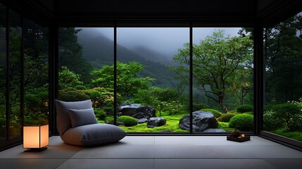 Tranquil modern interior with a view of a serene garden
