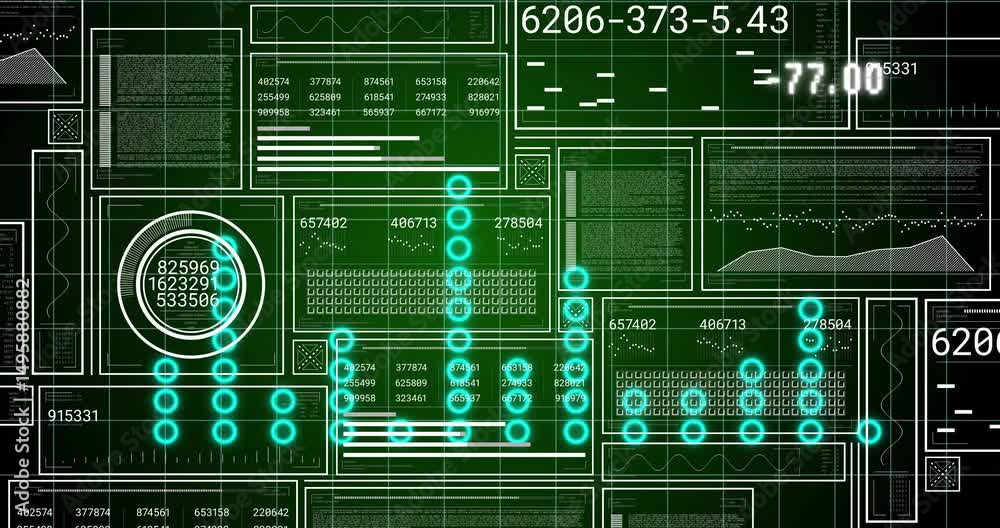 Poster visualizing data by loading ui, showing teal dots, animating gauge, shifting data, retracting nodes