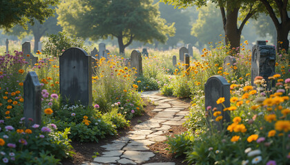 Idyllic Pathway Through Wildflower-Filled Cemetery in Blooming Summer Light, with Rustic Tombstones and Buzzing Bees in a Peaceful Natural Resting Place Surrounded by Meadows