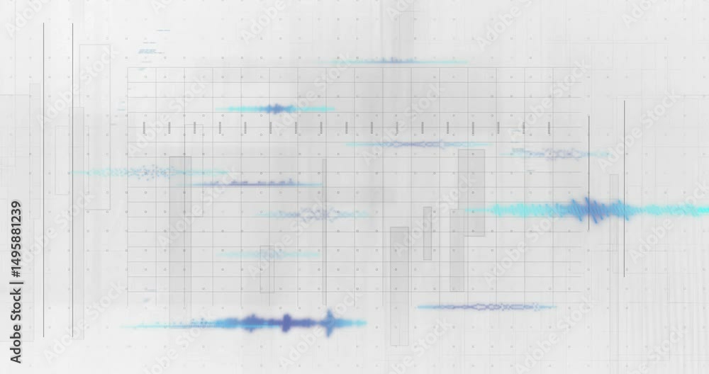 Poster grid appearing initiating data visualization showing waveforms shifting to display audio trends