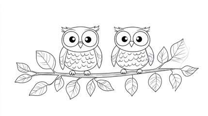 Cute Owls on Branch - Coloring Page