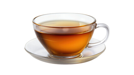A clear glass cup filled with steaming tea on a saucer against a neutral background