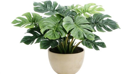 Lush green monstera plant in a light beige pot.