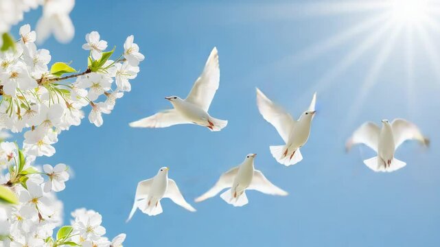White doves soaring in clear blue sky with cherry blossoms and sunlight.