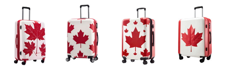 White suitcase with red maple leaf print, perfect for traveling during Canada Day celebrations, transparent background