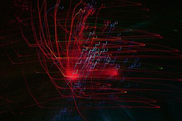 Abstract long exposure photography of red, green and blue light trails
