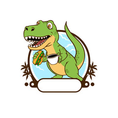 Vector illustration of a dinosaur drinking coffee and eating used for a cafe mascot