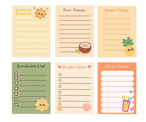 Set of 6 cute summer notepad templates in kawaii style featuring suns, fruits, drinks, and beach elements. Perfect for planners, journals, scrapbooking, or printable to-do lists.