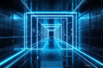 Obraz premium An immersive digitally created corridor bathed in vibrant neon blue light, leading to the unknown