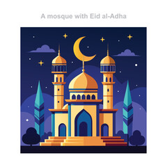 Mosque at Night with Crescent Moon for Eid al-Adha Celebration