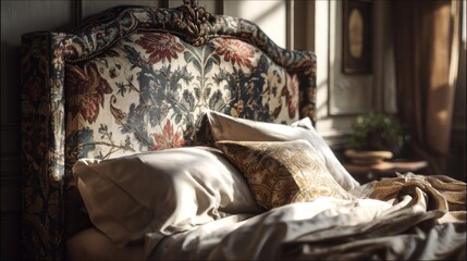 Luxurious bedroom with antique headboard and soft linens