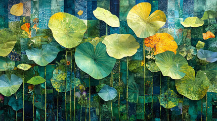 A vibrant collage of lotus leaves in varying shades of green and yellow.