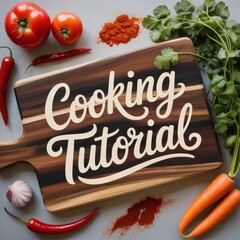 rustic wooden cutting board with 'Cooking Tutorial' hand-lettered in gold calligraphy