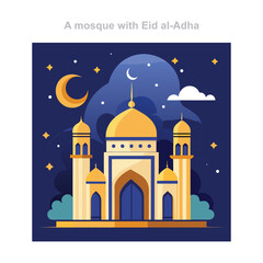 Mosque under the crescent moon celebrating Eid al-Adha
