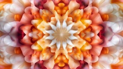 Symmetrical floral pattern with vibrant hues in abstract kaleidoscopic design. - Powered by Adobe