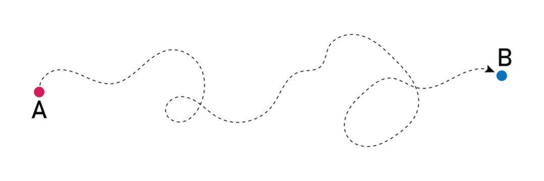 Curved line with start point and direction arrow. Difficult way, chaos path, hard route, challenge symbol isolated on white background. Vector graphic illustration . EPS 10 . 