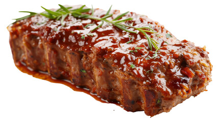 Savory meatloaf glazed with rich sauce, garnished with herbs, on a clean surface