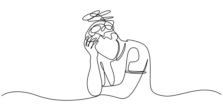 Man in depression, stressed, headache and despair continuous one line drawing. Single line art illustration of confusing and stressed person. Editable vector, Continuous line drawings of a young man.