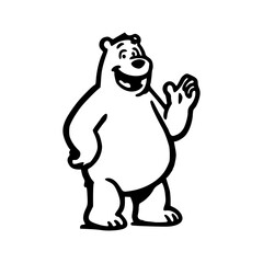 Fototapeta premium Black and white illustration of a cheerful bear standing upright and waving with a friendly expression.