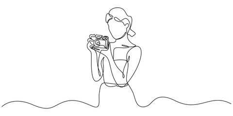Woman photographer one line continuous vector illustration. Concept of journalist banner. Line art, outline hand draw illustration, Photographer holding camera in continuous one line drawing.