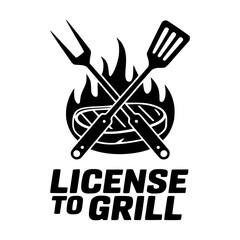 Vector illustration with the phrase "License to Grill," featuring crossed grilling tools, fire flames, and a steak design element.
