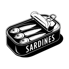 Vector illustration of three sardines inside an opened tin can with the word "Sardines" on the side, stylized in retro design.