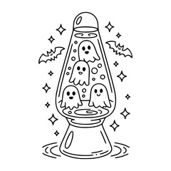 Vector illustration of a lava lamp filled with cute ghosts, surrounded by bats and stars, perfect for Halloween or spooky themes.