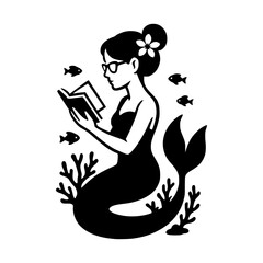 Vector silhouette of a mermaid reading a book underwater, surrounded by fish and coral, combining fantasy and intellect.